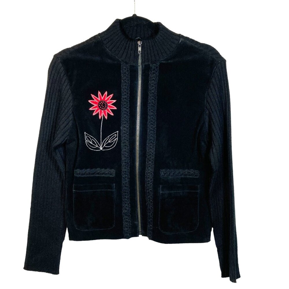 Paraphrase Vintage Cardigan, Sz L (measures smaller), Black Suede Wool Blend NEW